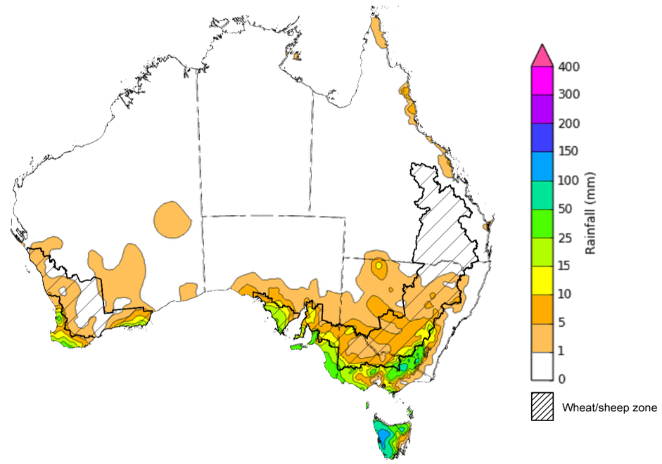 Map showing weekly rainfall totals in Australia. Image provided by the Bureau of Meteorology. Please refer to accompanying text for a more detailed description.