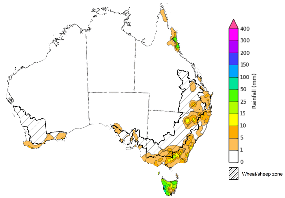 Map showing weekly rainfall totals in Australia. Image provided by the Bureau of Meteorology. Please refer to accompanying text for a more detailed description.