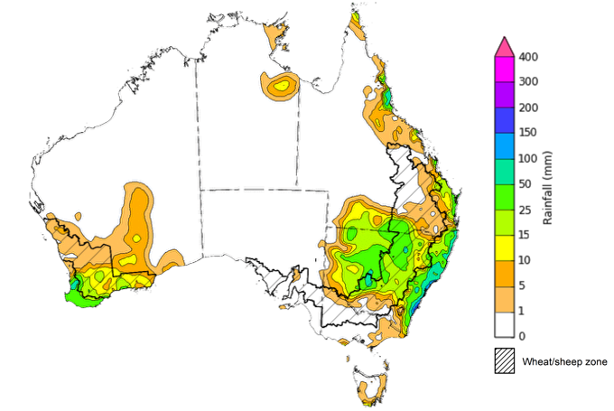 Map showing weekly rainfall totals in Australia. Image provided by the Bureau of Meteorology. Please refer to accompanying text for a more detailed description.