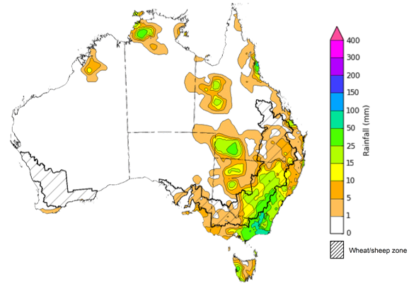 Map showing weekly rainfall totals in Australia. Image provided by the Bureau of Meteorology. Please refer to accompanying text for a more detailed description.