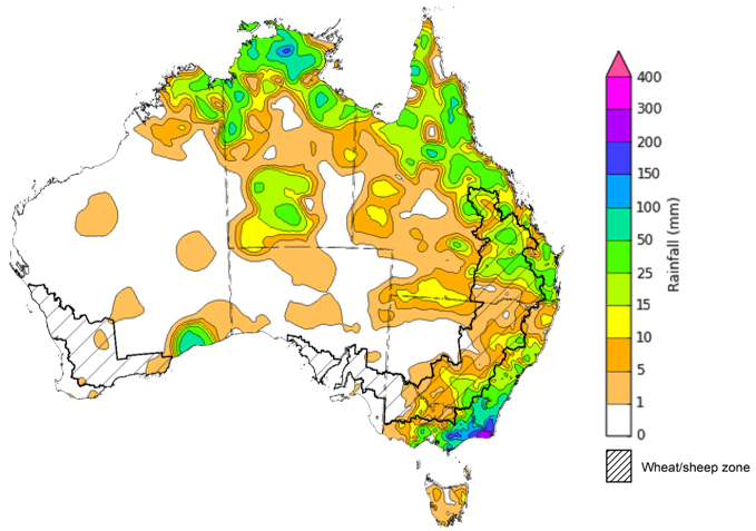 Map showing weekly rainfall totals in Australia. Image provided by the Bureau of Meteorology. Please refer to accompanying text for a more detailed description.