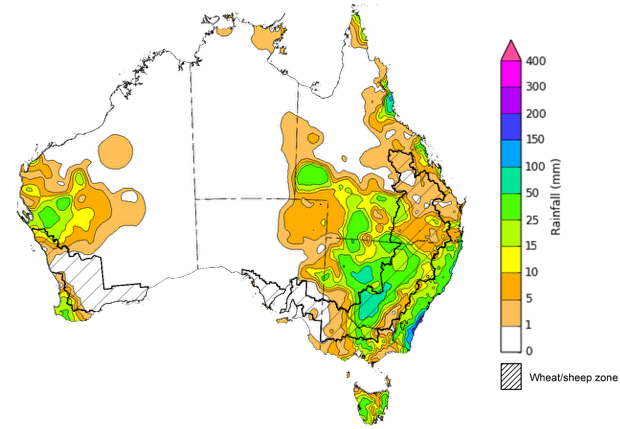 Map showing weekly rainfall totals in Australia. Image provided by the Bureau of Meteorology. Please refer to accompanying text for a more detailed description.