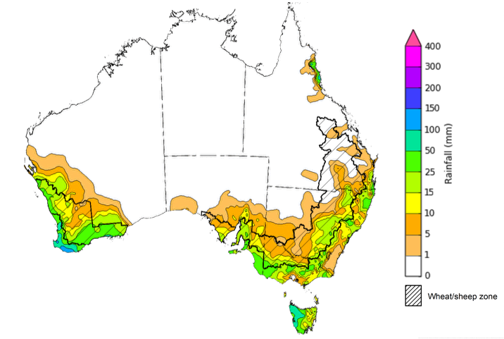 Map showing weekly rainfall totals in Australia. Image provided by the Bureau of Meteorology. Please refer to accompanying text for a more detailed description