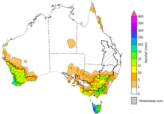 Map showing weekly rainfall totals in Australia. Image provided by the Bureau of Meteorology. Please refer to accompanying text for a more detailed description.