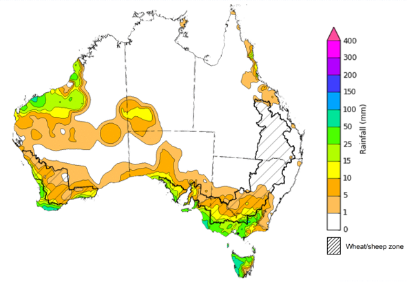 Map showing weekly rainfall totals in Australia. Image provided by the Bureau of Meteorology. Please refer to accompanying text for a more detailed description