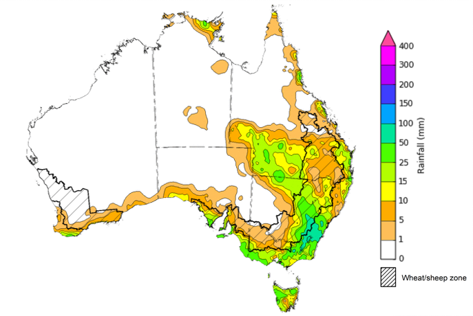 Map showing weekly rainfall totals in Australia. Image provided by the Bureau of Meteorology. Please refer to accompanying text for a more detailed description.