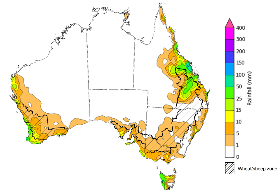 Map showing weekly rainfall totals in Australia. Image provided by the Bureau of Meteorology. Please refer to accompanying text for a more detailed description. 