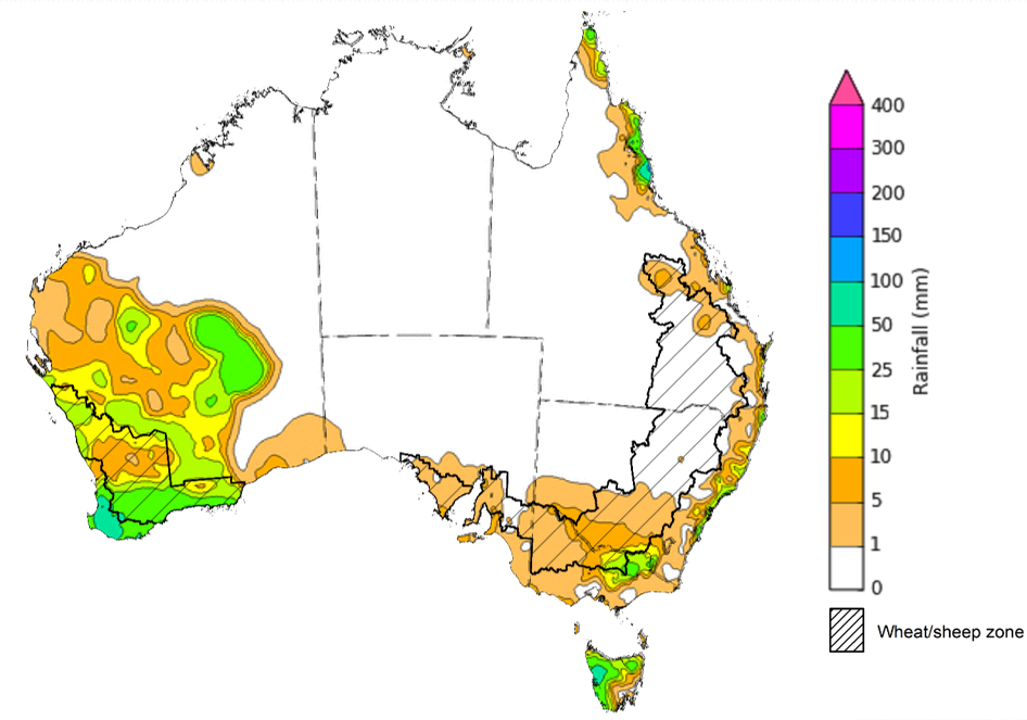 Map showing weekly rainfall totals in Australia. Image provided by the Bureau of Meteorology. Please refer to accompanying text for a more detailed description.