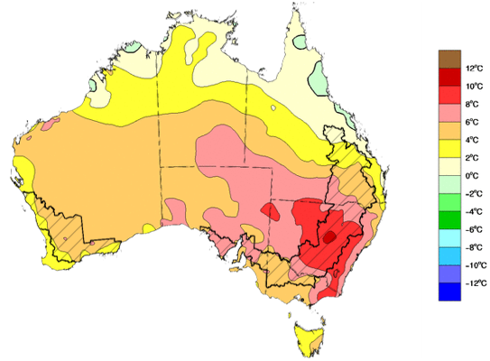 Map showing the predicted maximum temperature anomaly for the recent week in Australia. Image provided by the Bureau of Meteorology. Please refer to accompanying text for a more detailed description.