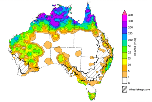 Map showing weekly rainfall totals in Australia. Image provided by the Bureau of Meteorology. Please refer to accompanying text for a more detailed description. 