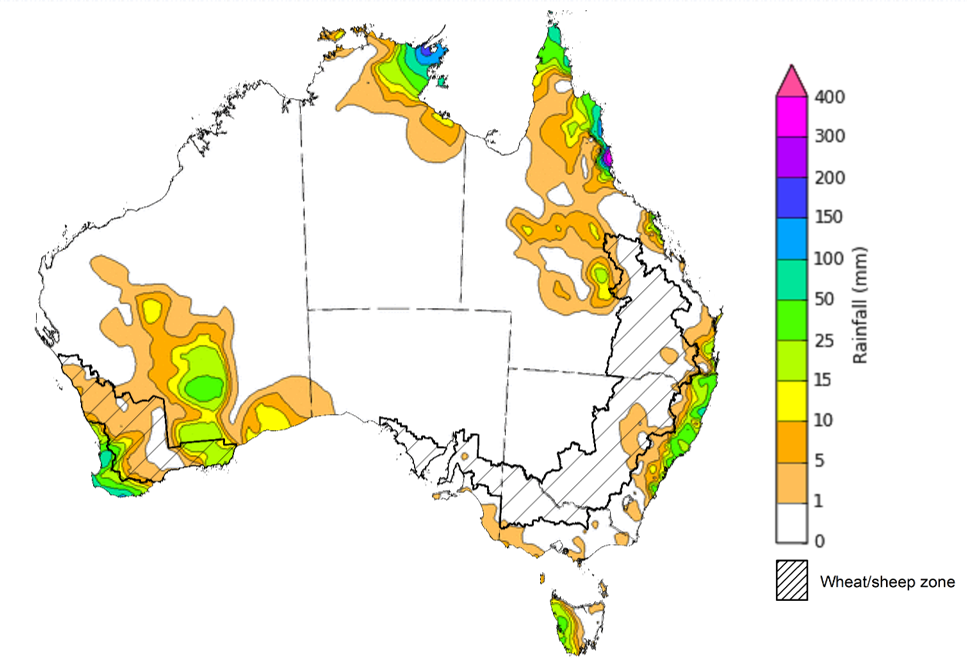 Map showing weekly rainfall totals in Australia. Image provided by the Bureau of Meteorology. Please refer to accompanying text for a more detailed description.