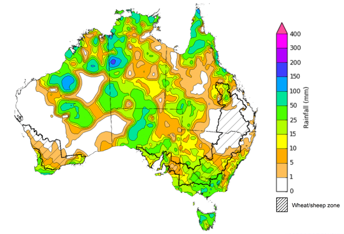 Map showing weekly rainfall totals in Australia. Image provided by the Bureau of Meteorology. Please refer to accompanying text for a more detailed description.