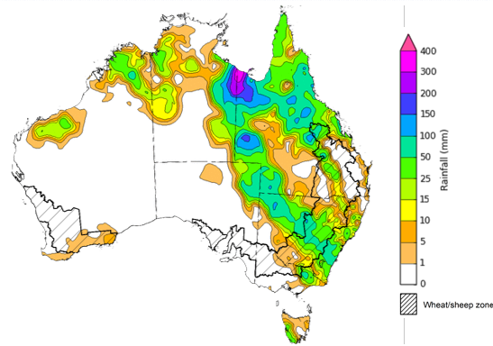 Map showing weekly rainfall totals in Australia. Image provided by the Bureau of Meteorology. Please refer to accompanying text for a more detailed description.