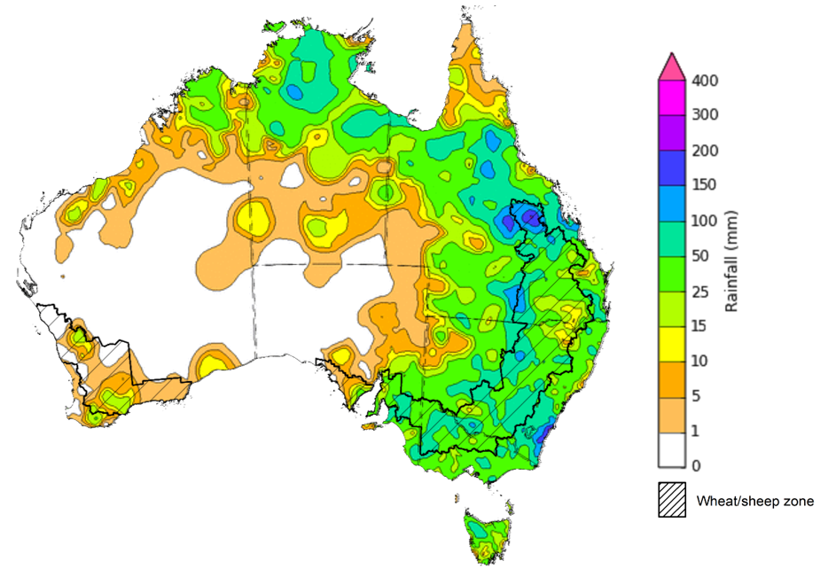 Map showing weekly rainfall totals in Australia. Image provided by the Bureau of Meteorology. Please refer to accompanying text for a more detailed description.