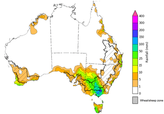 Map showing weekly rainfall totals in Australia. Image provided by the Bureau of Meteorology. Please refer to accompanying text for a more detailed description.