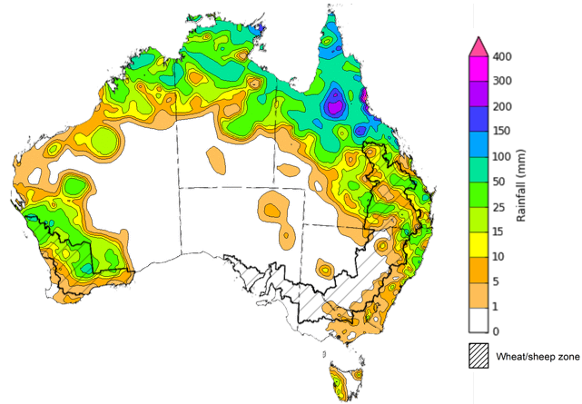 Map showing weekly rainfall totals in Australia. Image provided by the Bureau of Meteorology. Please refer to accompanying text for a more detailed description. 