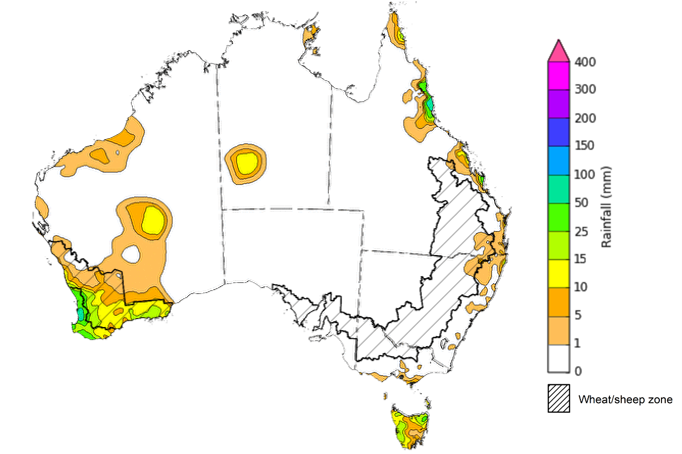 Map showing weekly rainfall totals in Australia. Image provided by the Bureau of Meteorology. Please refer to accompanying text for a more detailed description.