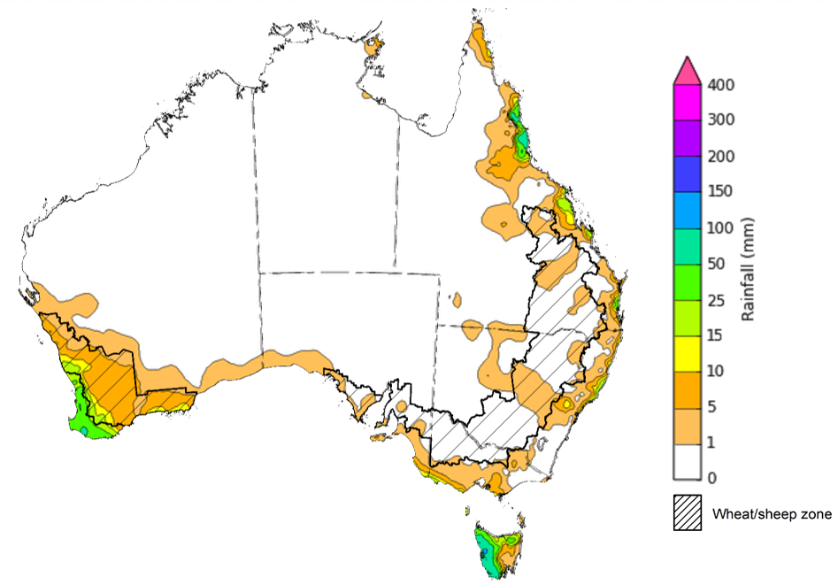 Map showing weekly rainfall totals in Australia. Image provided by the Bureau of Meteorology. Please refer to accompanying text for a more detailed description.