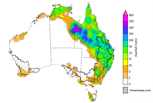 Map showing weekly rainfall totals in Australia. Image provided by the Bureau of Meteorology. Please refer to accompanying text for a more detailed description.