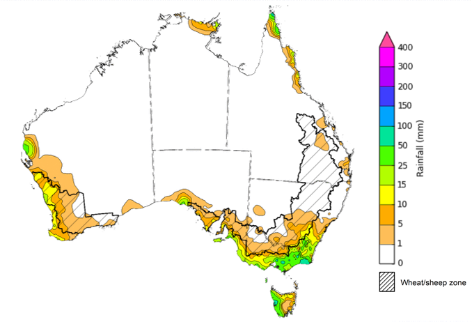 Map showing weekly rainfall totals in Australia. Image provided by the Bureau of Meteorology. Please refer to accompanying text for a more detailed description