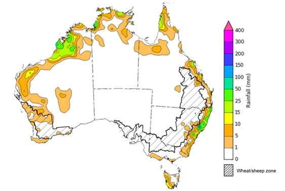 Map showing weekly rainfall totals in Australia. Image provided by the Bureau of Meteorology. Please refer to accompanying text for a more detailed description