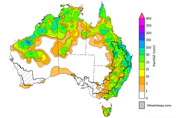 Map showing weekly rainfall totals in Australia. Image provided by the Bureau of Meteorology. Please refer to accompanying text for a more detailed description.