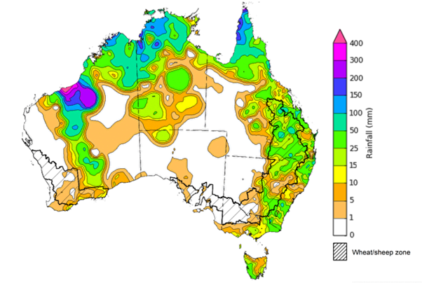 Map showing weekly rainfall totals in Australia. Image provided by the Bureau of Meteorology. Please refer to accompanying text for a more detailed description.