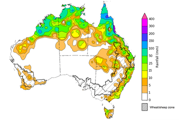 Map showing weekly rainfall totals in Australia. Image provided by the Bureau of Meteorology. Please refer to accompanying text for a more detailed description.