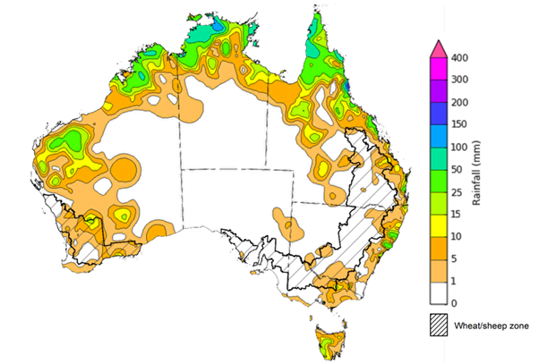 Map showing weekly rainfall totals in Australia. Image provided by the Bureau of Meteorology. Please refer to accompanying text for a more detailed description.