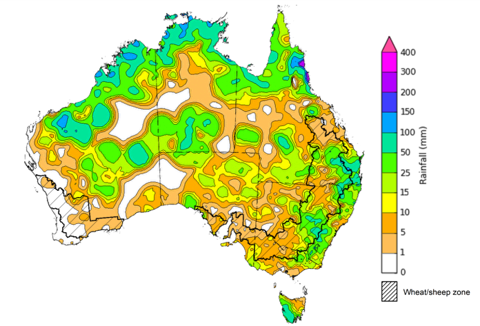 Map showing weekly rainfall totals in Australia. Image provided by the Bureau of Meteorology. Please refer to accompanying text for a more detailed description