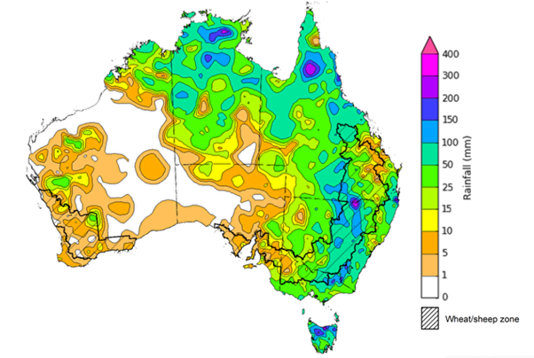 Map showing weekly rainfall totals in Australia. Image provided by the Bureau of Meteorology. Please refer to accompanying text for a more detailed description.