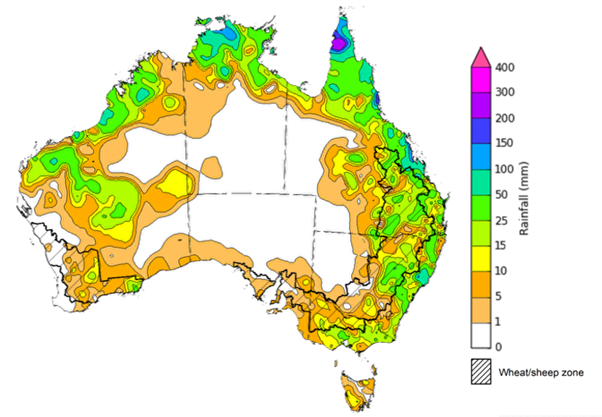 Map showing weekly rainfall totals in Australia. Image provided by the Bureau of Meteorology. Please refer to accompanying text for a more detailed description.