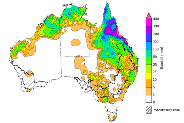 Map showing weekly rainfall totals in Australia. Image provided by the Bureau of Meteorology. Please refer to accompanying text for a more detailed description.