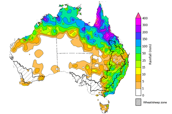 Map showing weekly rainfall totals in Australia. Image provided by the Bureau of Meteorology. Please refer to accompanying text for a more detailed description.