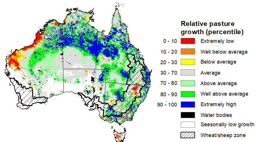 Map showing the relative pasture growth for latest 3 months Australia. Image provided by AussieGRASS. Please refer to accompanying text for a more detailed description.