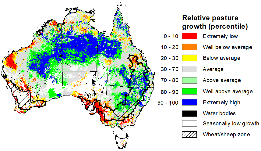 Map showing the relative pasture growth for latest 3 months Australia. Image provided by AussieGRASS. Please refer to accompanying text for a more detailed description.