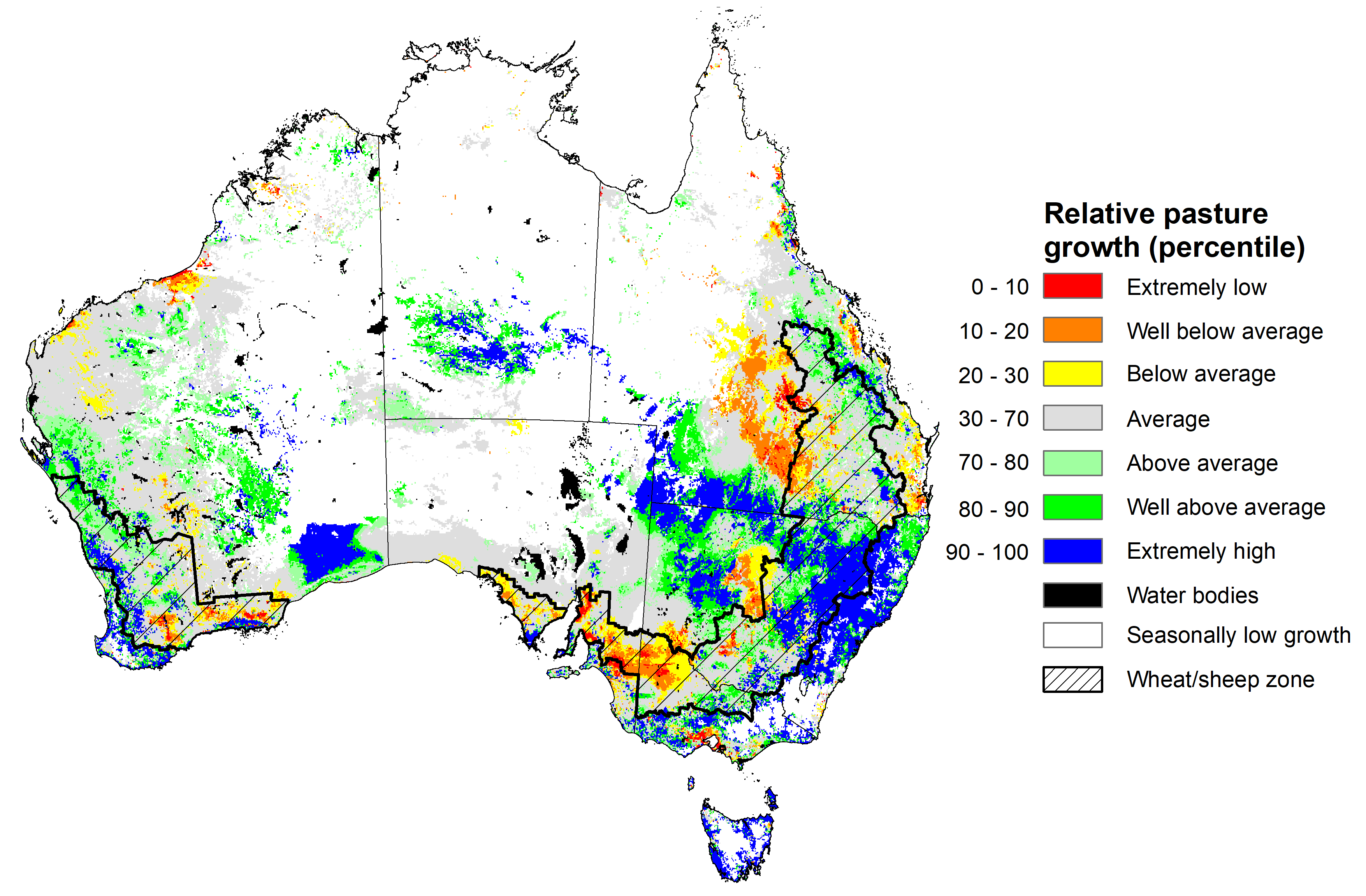 Map showing the relative pasture growth for latest 3 months Australia. Image provided by AussieGRASS. Please refer to accompanying text for a more detailed description.