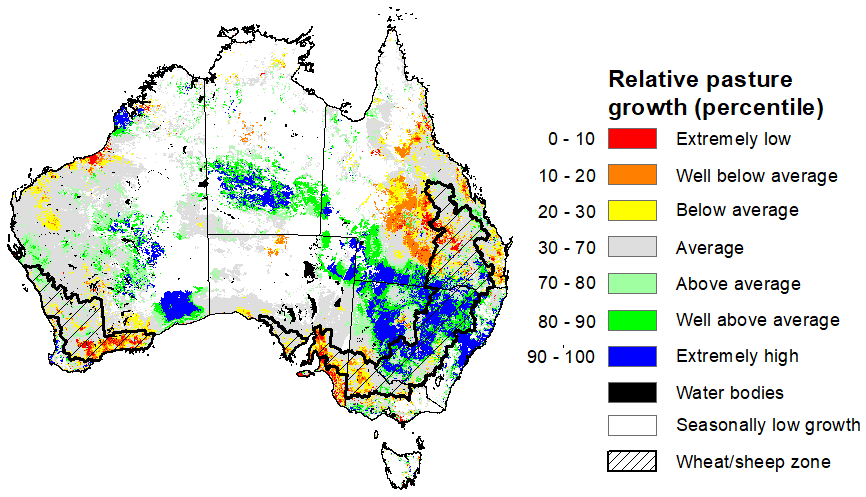 Map showing the relative pasture growth for latest 3 months Australia. Image provided by AussieGRASS. Please refer to accompanying text for a more detailed description.