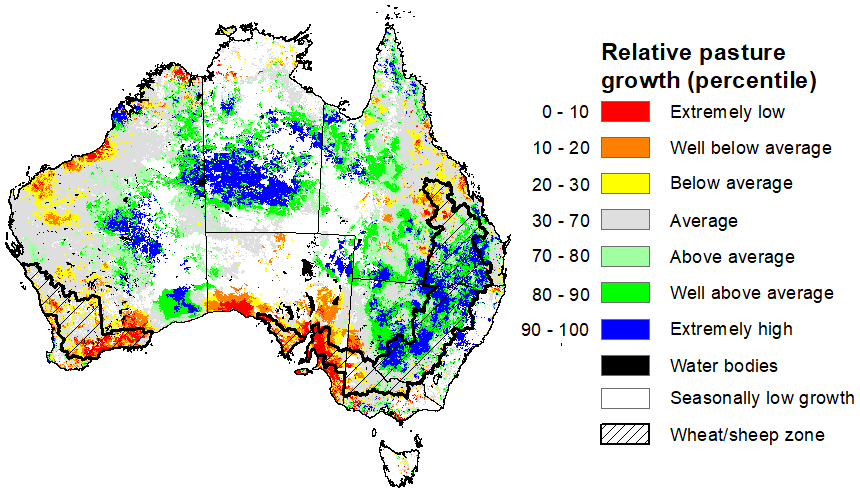 Map showing the relative pasture growth for latest 3 months Australia. Image provided by AussieGRASS. Please refer to accompanying text for a more detailed description.