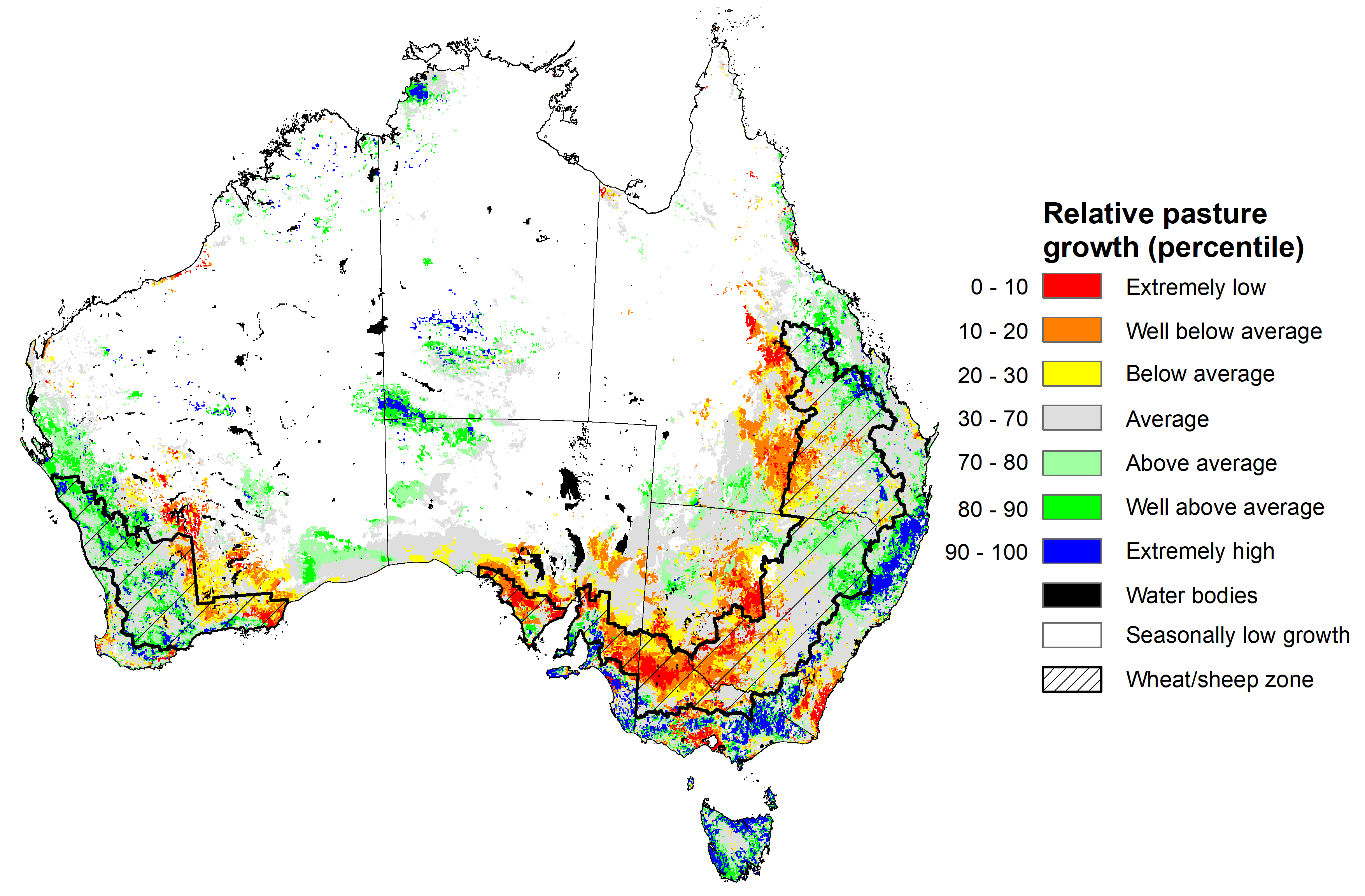 Map showing the relative pasture growth for latest 3 months Australia. Image provided by AussieGRASS. Please refer to accompanying text for a more detailed description.