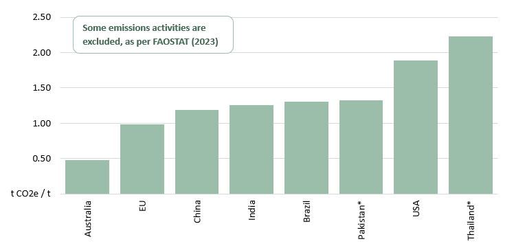 Column graph showing rice emissions intensity for select countries. Lowest to highest emissions intensities are: Australia, European Union, China, India, Brazil, Pakistan, United States and Thailand.