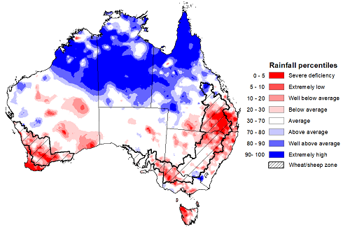 Map showing the rainfall percentiles the previous season in Australia. Image provided by the Bureau of Meteorology. Please refer to accompanying text for a more detailed description.