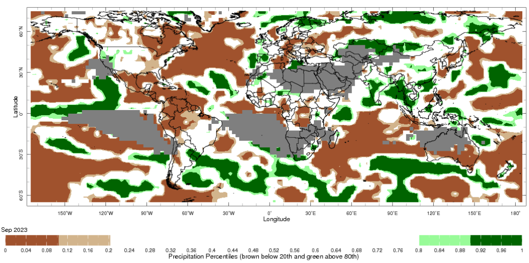 Map showing global monthly precipitation percentiles below the 20th percentile and above the 80th percentile. This map uses the climatology baseline of 1991 to 2020 for the month analysed. 