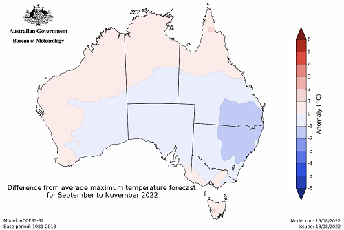 Map showing the predicted maximum temperature anomaly for the next three months in Australia. Image provided by the Bureau of Meteorology. Please refer to accompanying text for a more detailed description.