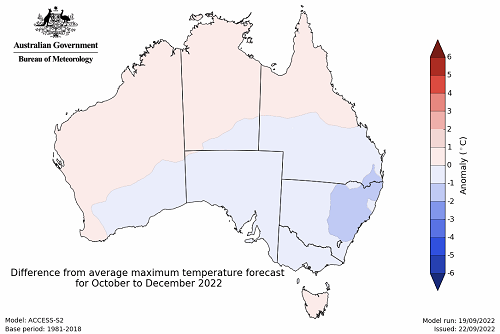 Map showing the predicted maximum temperature anomaly for the next three months in Australia. Image provided by the Bureau of Meteorology. Please refer to accompanying text for a more detailed description.