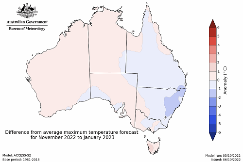 Map showing the predicted maximum temperature anomaly for the next three months in Australia. Image provided by the Bureau of Meteorology. Please refer to accompanying text for a more detailed description.