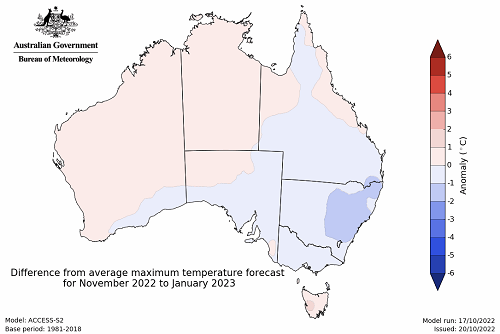 Map showing the predicted maximum temperature anomaly for the next three months in Australia. Image provided by the Bureau of Meteorology. Please refer to accompanying text for a more detailed description.