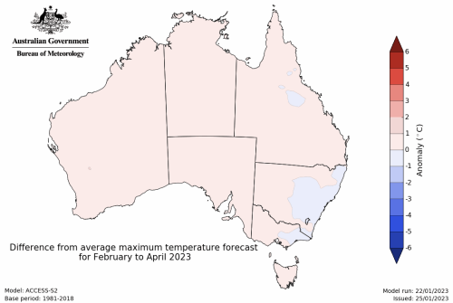 Predicted maximum temperature anomaly for February to April 2023