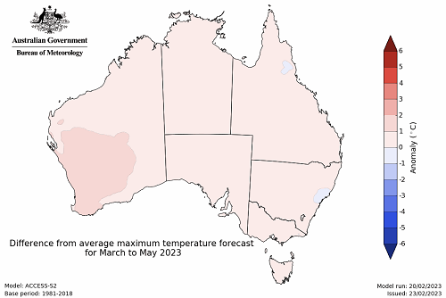 Map showing the predicted maximum temperature anomaly for the next three months in Australia. Image provided by the Bureau of Meteorology. Please refer to accompanying text for a more detailed description.