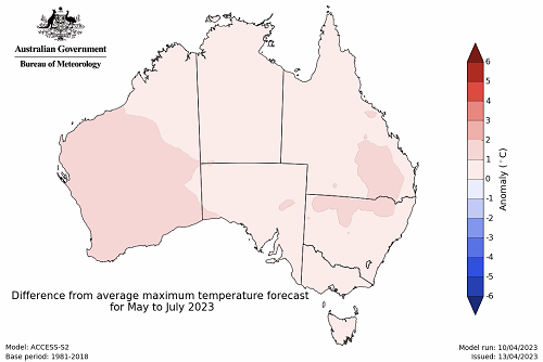 Map showing the predicted maximum temperature anomaly for the next three months in Australia. Image provided by the Bureau of Meteorology. Please refer to accompanying text for a more detailed description.